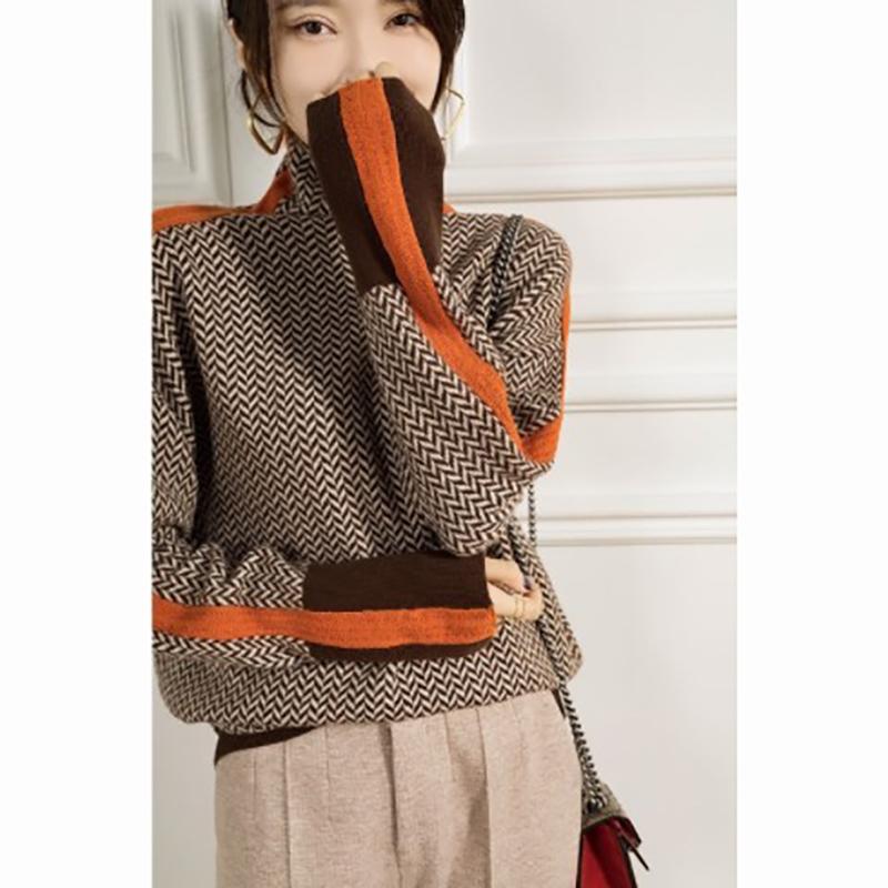 Women Autumn Winter Sweater High Collar Long Sleeve Splicing Design Warm Pullover