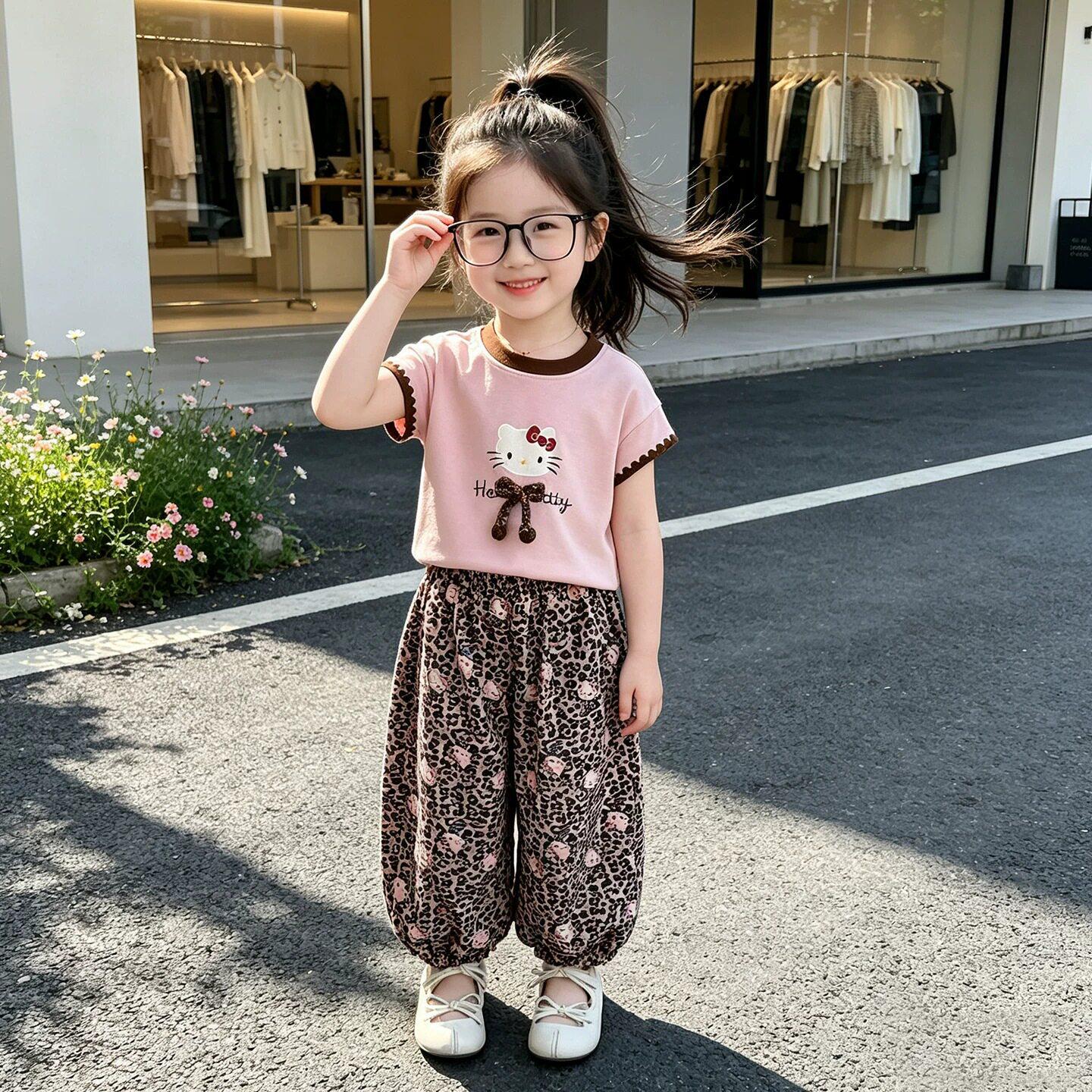 Girls Korean Style Summer Leopard Cartoon Two-Piece Set - Short Sleeve Top & Casual Pants 140 cm