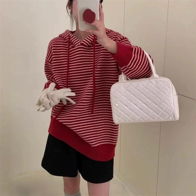 

Осень и зима новый контрастный цвет полосатый вязаный свитер с капюшоном женский свободный ленивый повседневный свитер куртка one size fits all красный