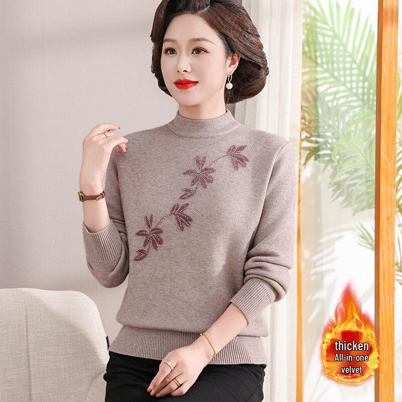 Mom's Velvet One-Piece Winter Base Layer Top for Middle-Aged & Elderly Women - Warm, Plus Velvet, Thick Knit