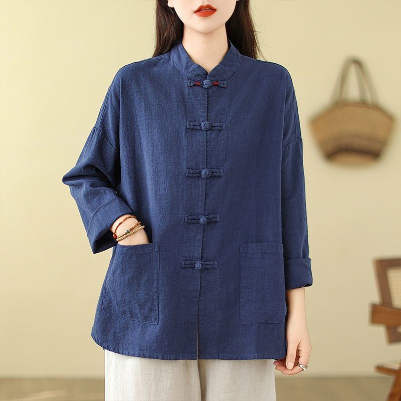 

Loose Cotton Linen Chinese Style Women s Literary Retro Long-sleeved Shirt Hanfu Suit XS темно-синього кольору