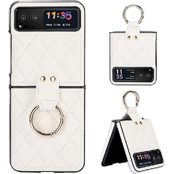 

Miimall Кожа с кольцом Совместимый с чехлом Motorola Razr 2023, Защитная пленка для заднего экрана + Металлическое кольцо-держатель-подставка, Чехол с гальваническим покрытием для белый