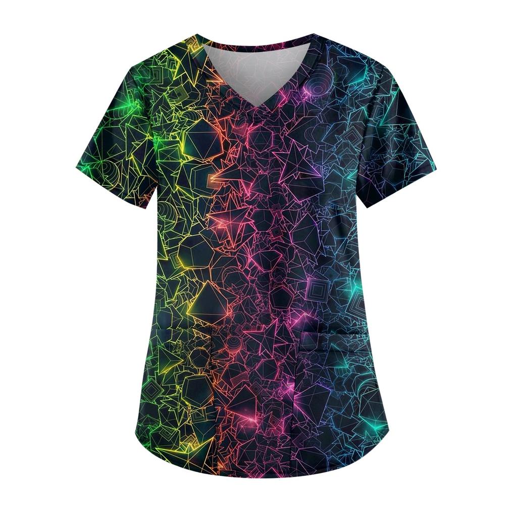 Plus Size Printed Scrub Working Uniform Tops For Women's V-Neck Short Sleeve Fun T-Shirts Workwear Tee With Pockets