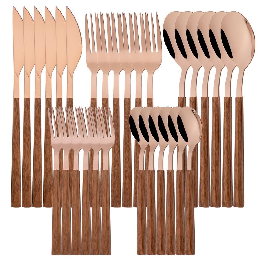 24/30Pcs Knife Dessert Fork Coffee Spoon Tableware Dinnerware Set Imitation Wooden Handle Cutlery Set Stainless Steel Flatware
