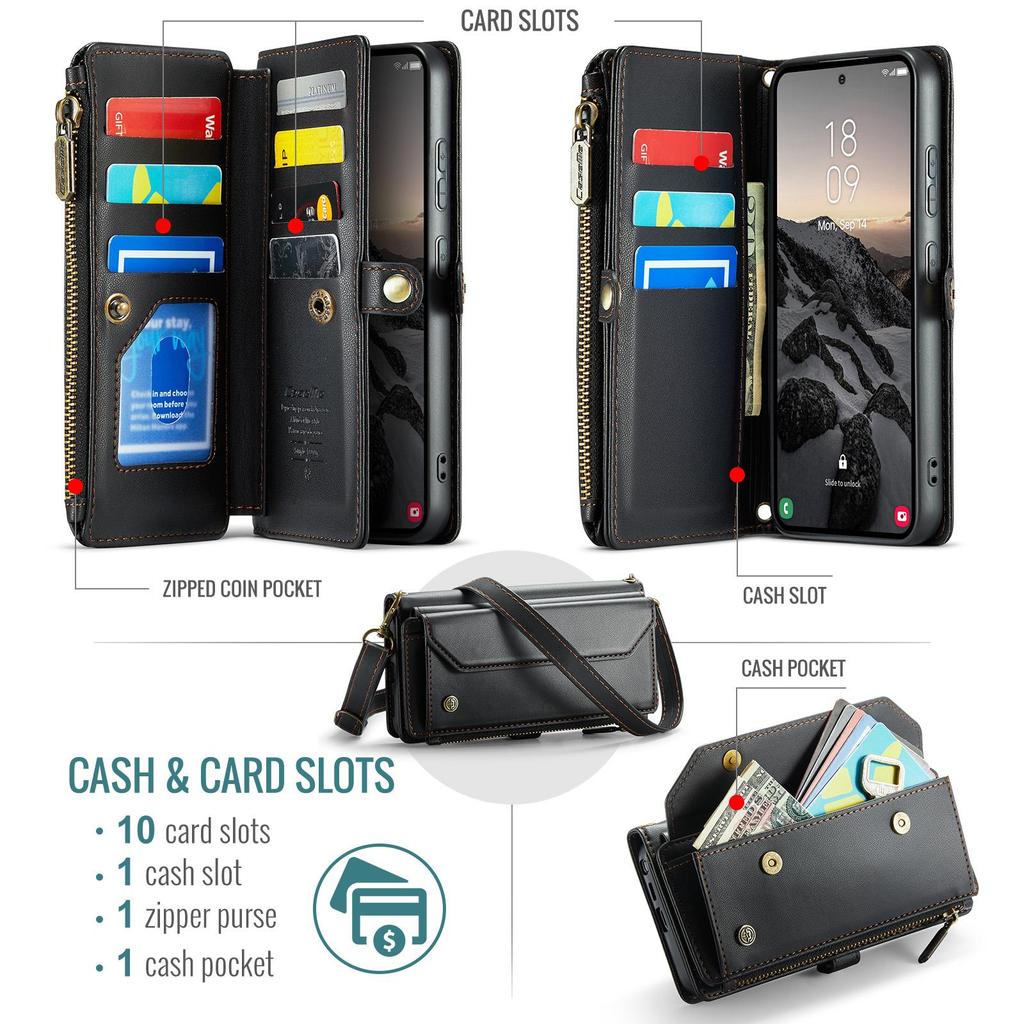 CaseMe Crossbody Wallet Case For Samsung Galaxy S26/S26+/S26 Ultra Zipper Wrise Multi-functional Flip PU Leather Card Holder Cover Protectives Skins