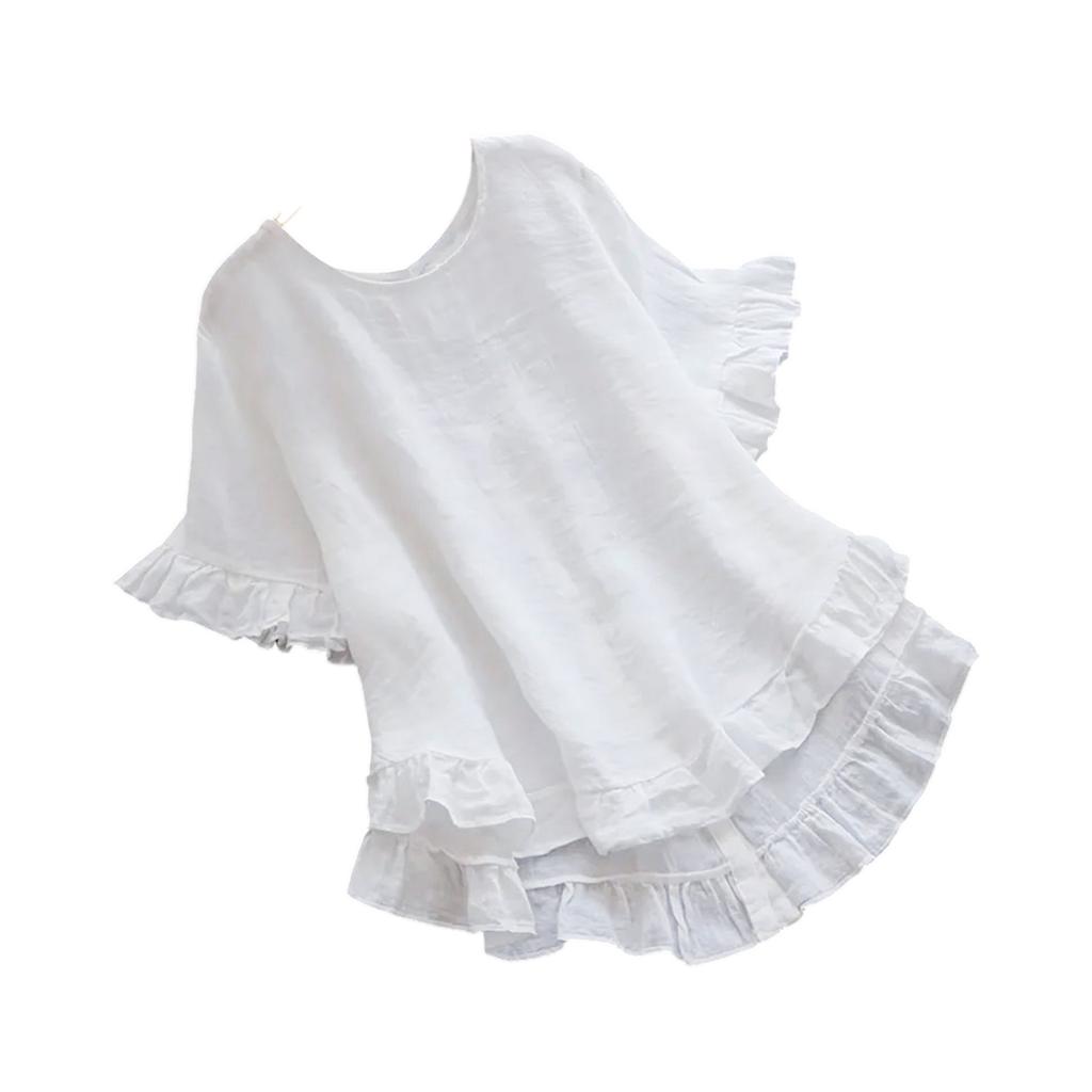 Women's Casual Loose Color Ruffled Hem Round Neck Short Sleeve Button Top