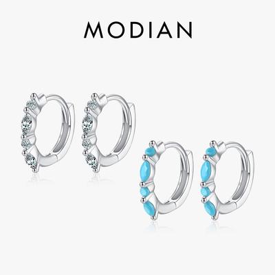 MODIAN Solid 925 Sterling Silver Circle Rhombus Turquoise Hoop Earrings Trendy Platinum Plated Ear Buckle For Women Fine Jewelry