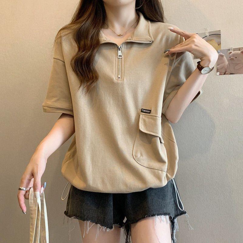 T-shirt da donna a maniche corte con colletto mezzo zip e tasca, top casual ampio