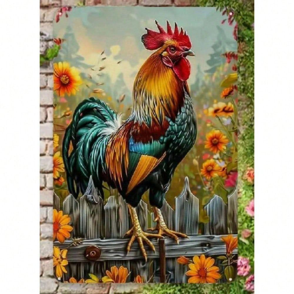 Metal Rooster Sign Vintage Farmhouse Decor Rustic Chicken Coop Art 20x30 cm