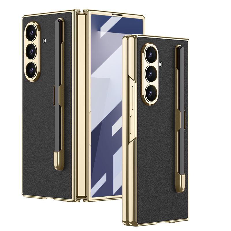 Zijde PU Leer Gehard Beschermfolie Penhouder met Pen Telefoonhoesje voor Samsung Galaxy Z Fold 7 Fold7 Scharnier Beschermhoes