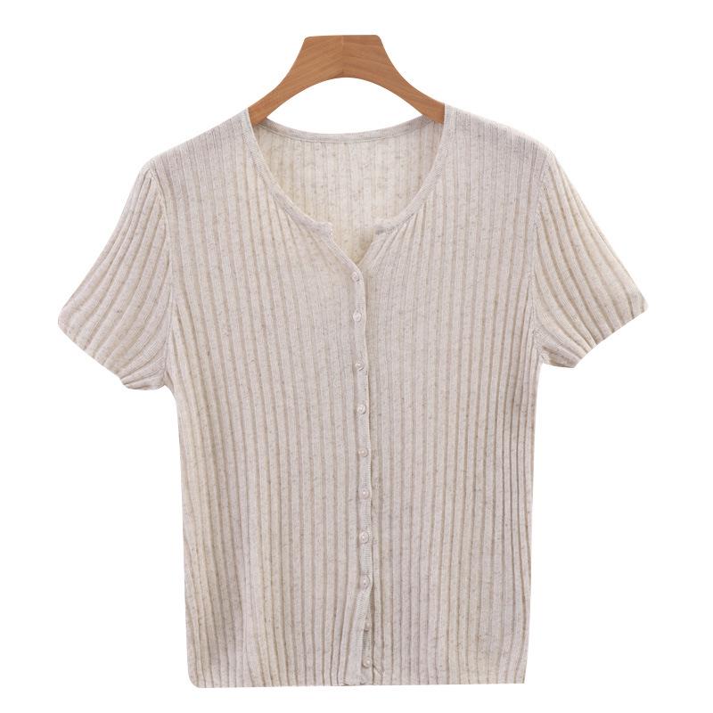 Summer Women's Tencel Lyocell Striped Cardigan Scissor Collar Knit Top
