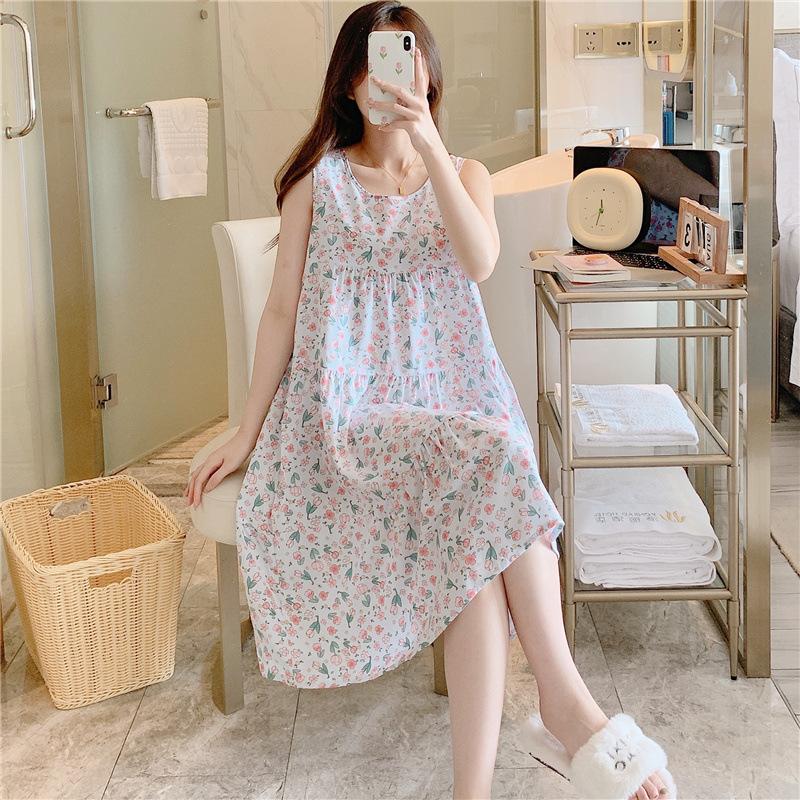 Women's Cotton and Silk Nightgown Summer Thin Internet Celebrity Large Size Printed Pajamas New Sleeveless Loungewear