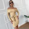Women's Off-shoulder Long-sleeve Dress, Knit Tie, Waist-cinching, European and American Style Slimming Pencil Short Skirt