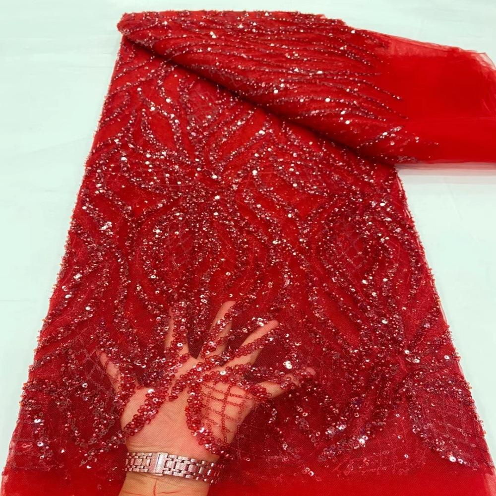 5 Yards Latest African Sequins Lace Fabric High Quality Lace Embroidery Beaded Mesh Fabric for Women Wedding Party Dress