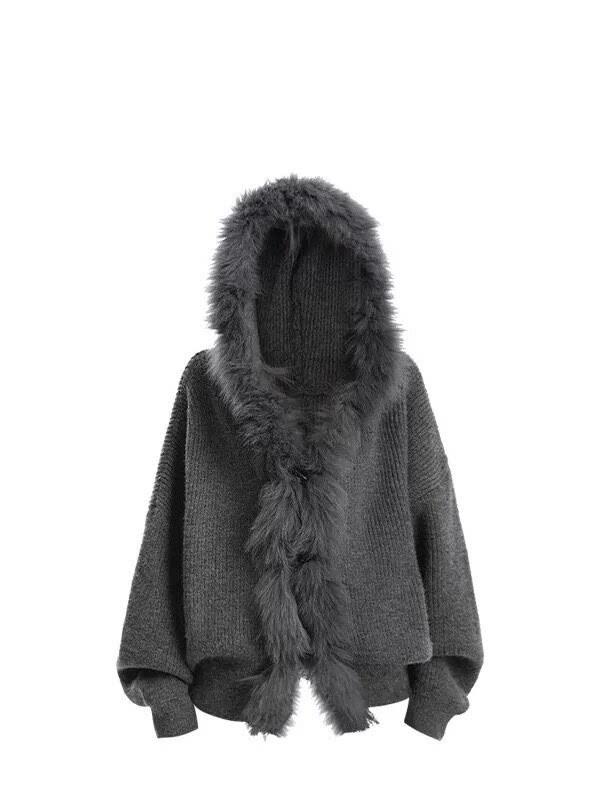Damen Strickjacke mit Kapuze und Fuchs Pelzkragen - Herbst/Winter Pullover Mantel