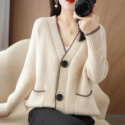 Autumn Winter Korean Fashion V-neck Loose Knitted Sweater Jacket Women Cardigan Pockets Casual Office Coats Long Sleeve Solid Color Simple Clothing