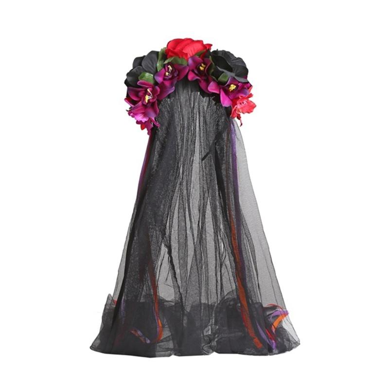 Gotisches Blumenhaarband mit Schleierband für Frauen Cosplay Party Kostüm Tag der Toten Kopfschmuck Feiertagsaccessoires