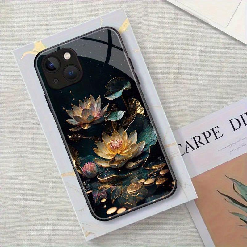 Lotus Pattern Anti-Fall Tempered Glass Phone Case For iPhone 11 12 13 14 15 16 17 Pro Max 17Air 16E 7 8 Plus XR XS X Cover