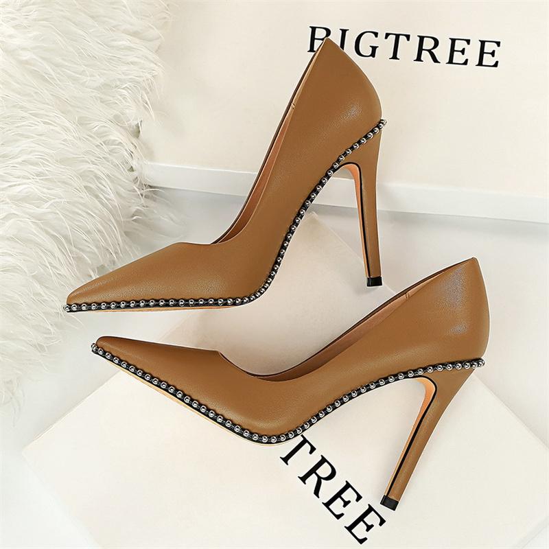 Fashion Summer Shallow Mouth Pointed Toe Rivets String Bead Women Pumps Thin High Heels Elegant Office Leather Party Single Shoes