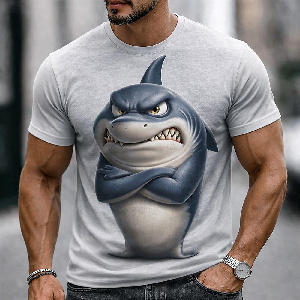 Men s Angry Shark Arms Crossed Baring Teeth Grumpy Cartoon Funny Humorous Quirky Short Sleeve T-Shirt Graphic Casual Fit Streetwear S
