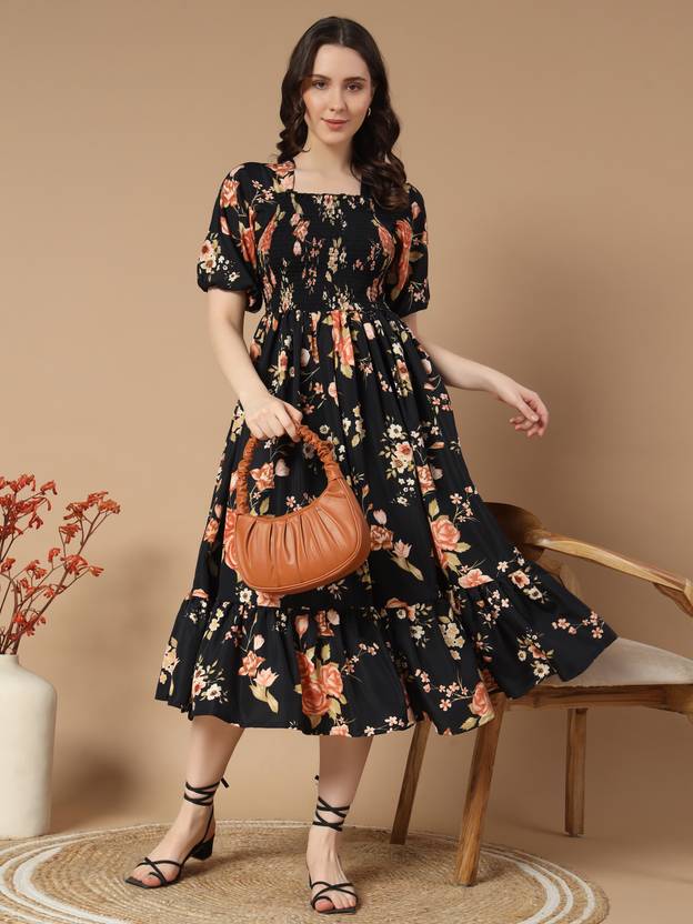 Women Empire Waist Black Midi/Calf Length Dress Gown Kurta Party Wear Top Tunic