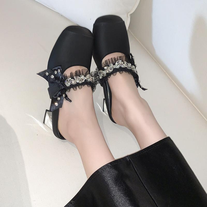 Fashion 2025Spring New Square Head Shallow Mouth Crystal Buckle Bow Soft Sole Non-slip Slippers Bao Head Low Heel Slippers