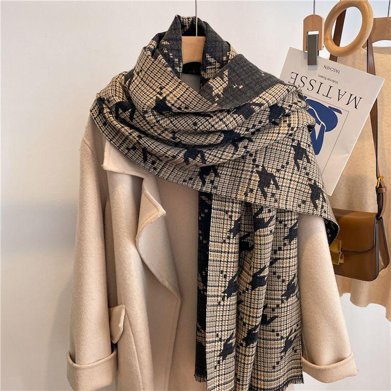 Scarf Women's Winter Korean Style New Imitation Cashmere Classic Houndstooth Plaid Long Warm Scarf Versatile High End Trendy