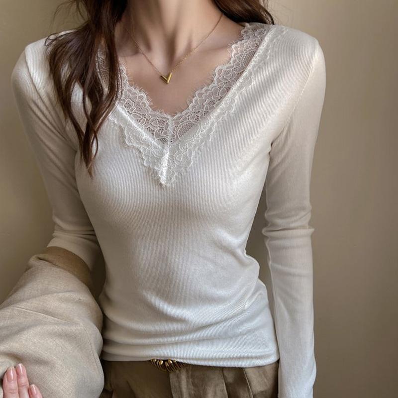 Tops for Women Pullover Long Sleeve V-neck Autumn Winter Warm Slim Thickened Lace Top