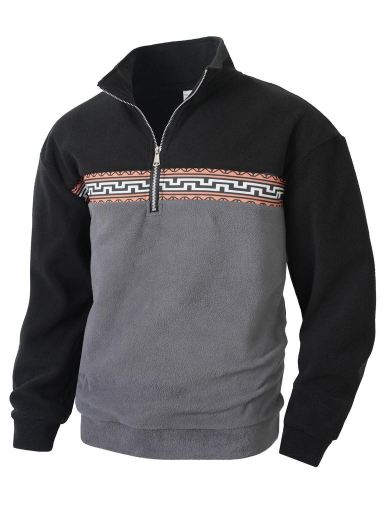 Men's Autumn/Winter Half-Zip Fleece Stand Collar Color Block Jacquard Sweatshirt