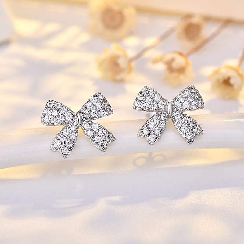

925 Sterling Silver Jewelry Luxury Crystal Bowknot Butterfly Stud Earrings for Women Wedding Party Jewelry for Girls Friend Gift серебряный