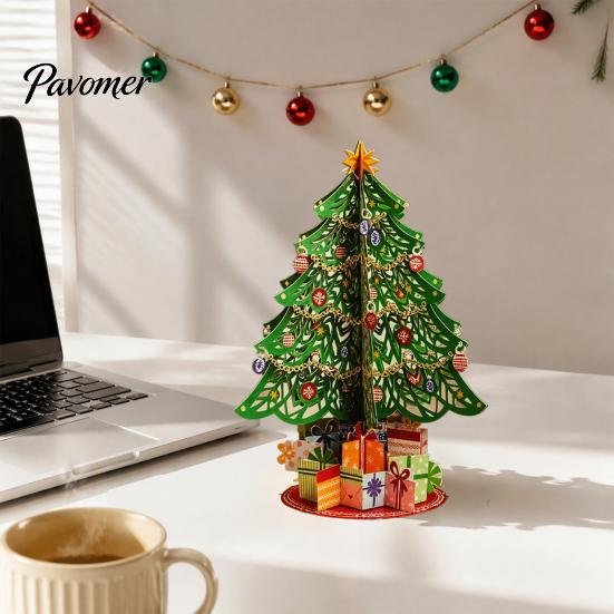 Small Tabletop Holiday Decoration 3D Puzzle Paper Christmas Tree Decoration, Desktop Ornaments Decorated with Star Topper And Gift Box for Home Decor