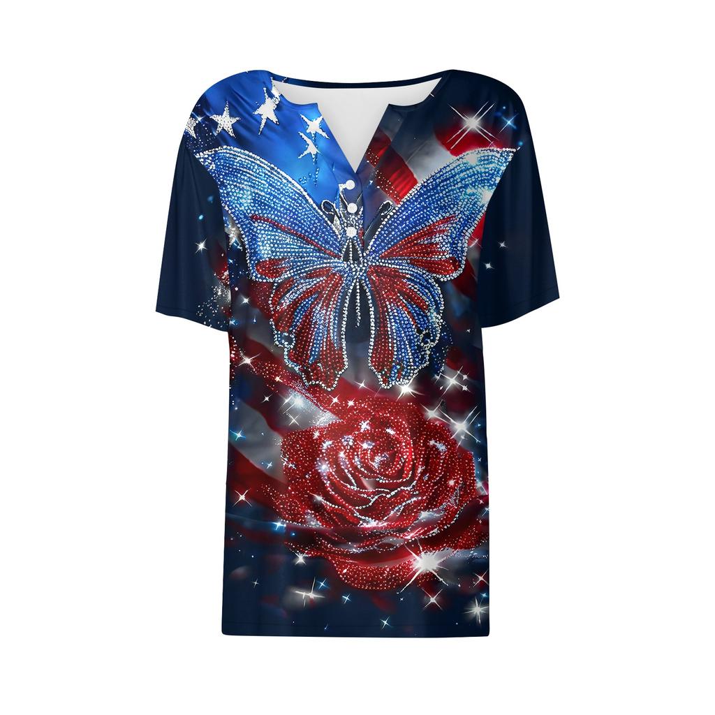 Women's Casual V Neck Short Sleeve T Shirt with Button Detail Independence Day Print Butterfly and Floral Pattern Top