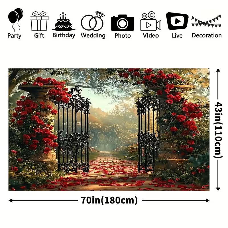 2D Red Rose Garden Gate Backdrop Wedding Photography Background