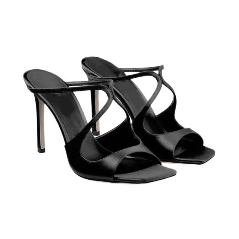 Fashion Summer New Square Head Fish Mouth Cross Belt Satins Sandals Women's Thin Heel Hollow Out Black Purple Outdoor Fashion Slippers