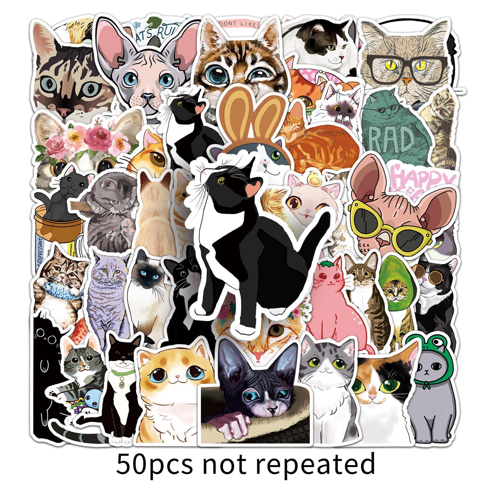 

50 Waterproof Removable Cartoon Cat Stickers for Journals and Stationery