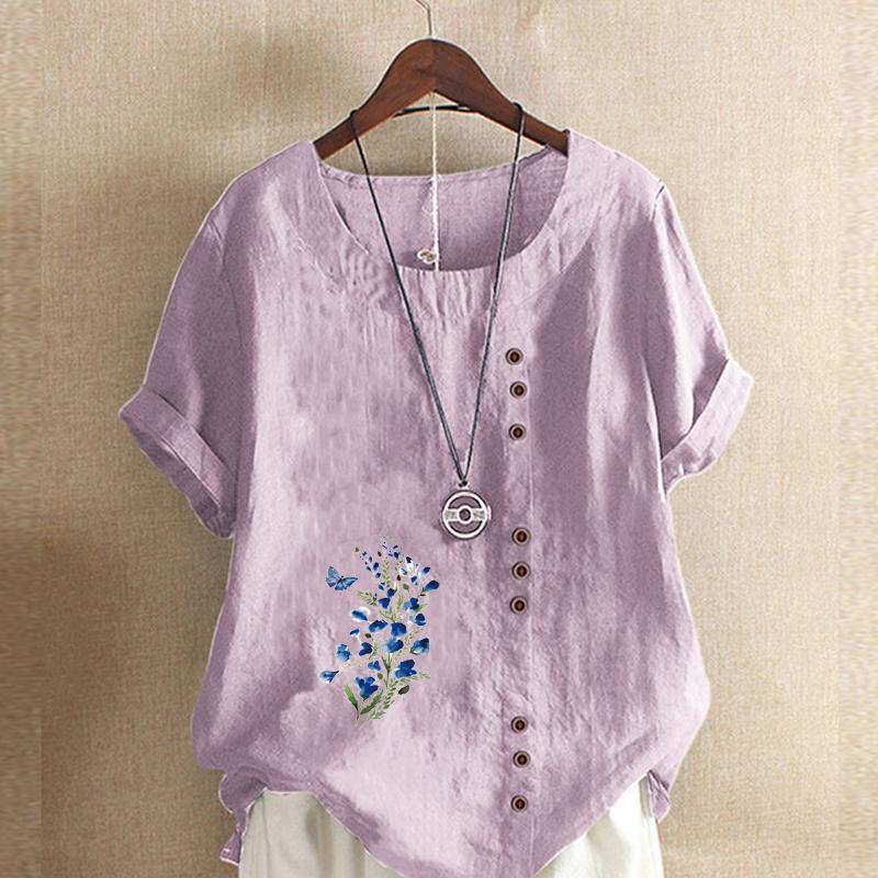 T-shirt da Donna alla Moda con Stampa Fiori e Piante Manica Corta Camicia Larga in Cotone Blusa Estiva Casual Larga Top Taglie Forti