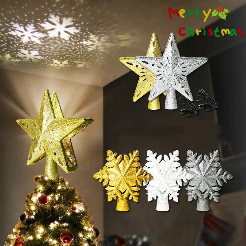 Christmas Tree Topper LED Snowflake Star Top Light Projection Lamp Light Gold Party Romantic Christmas Decorations for Home