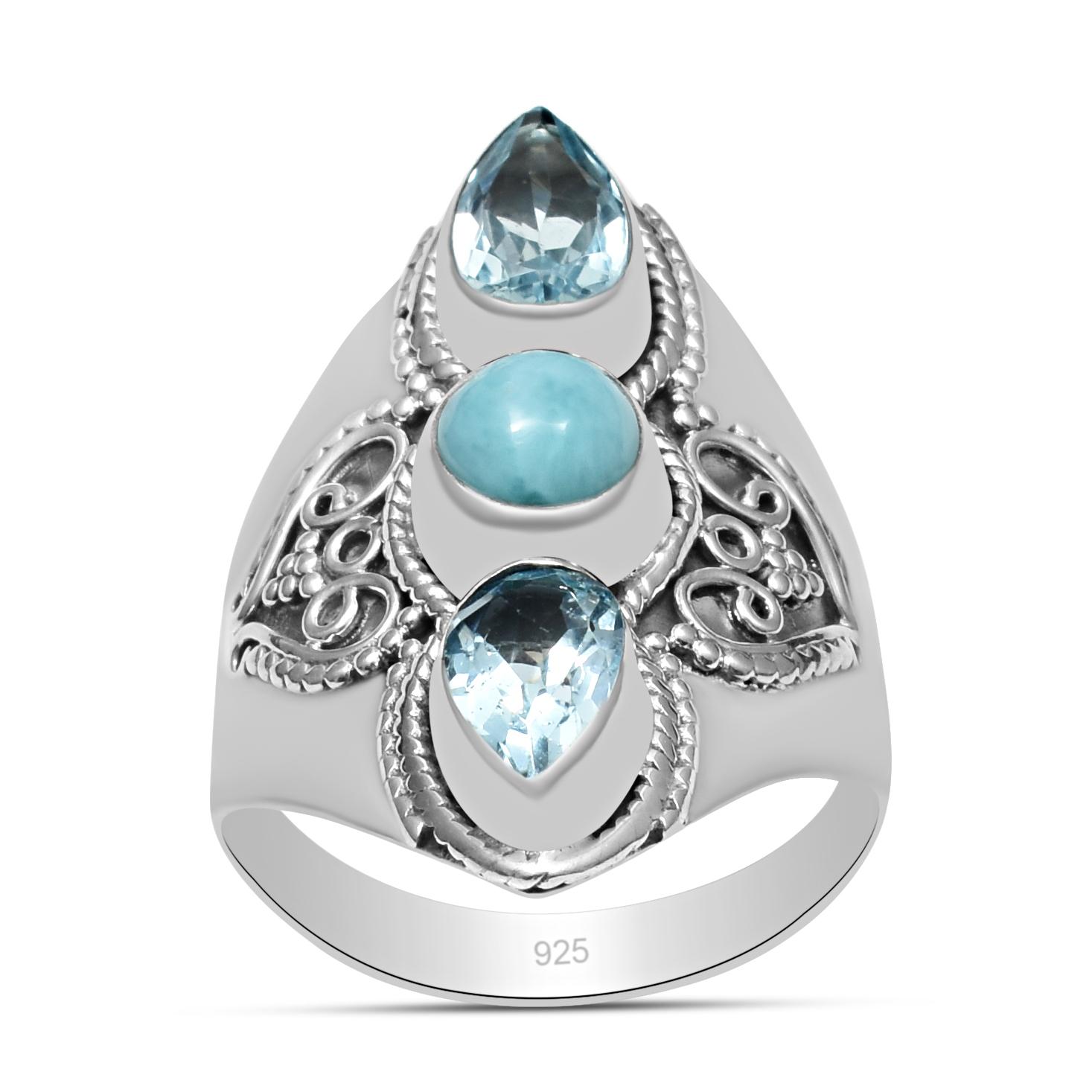 

Массивное кольцо из стерлингового серебра 925 пробы с натуральным ларимаром и голубым топазом для женщин Для женщин и девочек