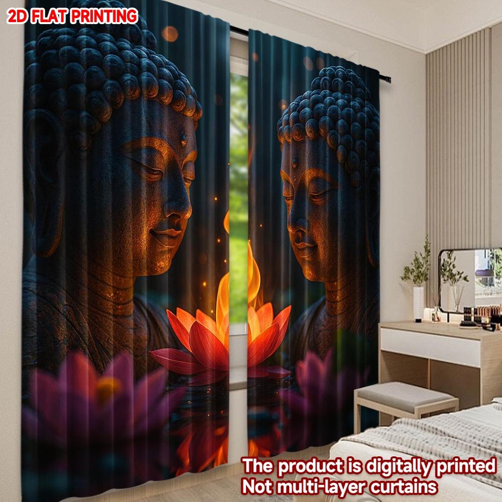 2D flat printing 2pcs Curtain figure of Buddha Digital Printed Polyester Drapes Party Decorations Perfect for Room bedroom wall