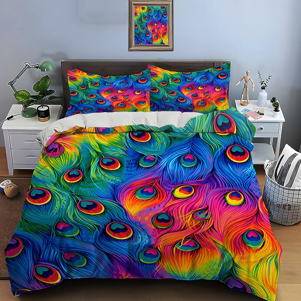 Colorful Peacock Feather Art Bedding Set For Kids Luxury Gift 3Pcs Digital Print Comforter Set Soft Comfortable Breathable