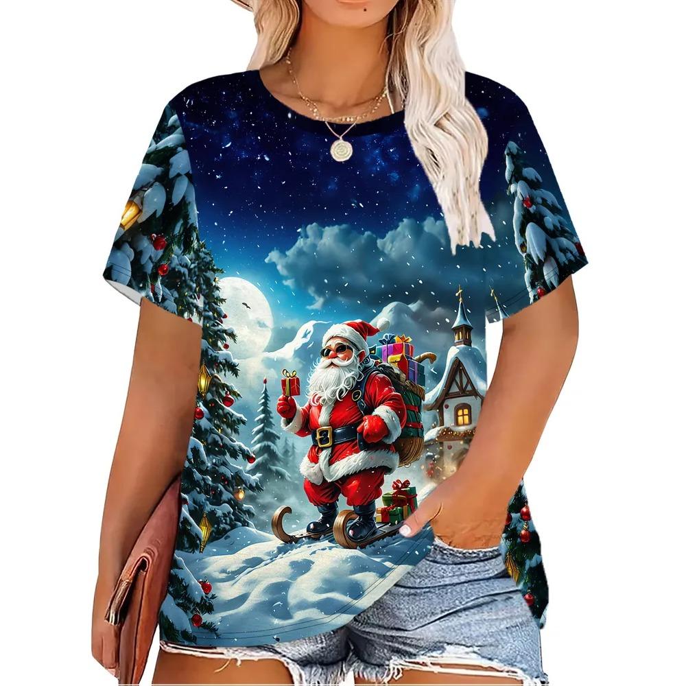 Summer Large Loose Christmas Santa Claus 3D Printed Women's T-shirt Fashionable Casual Comfortable Breathable Short Sleeved Round Neck T-shirt
