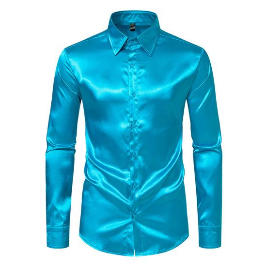 

Men Shirt Lapel Long Sleeve Single Breasted Shirt Tops Pure Color Glossy Design Smooth Satin Shirt Versatile Daily Wear S синій