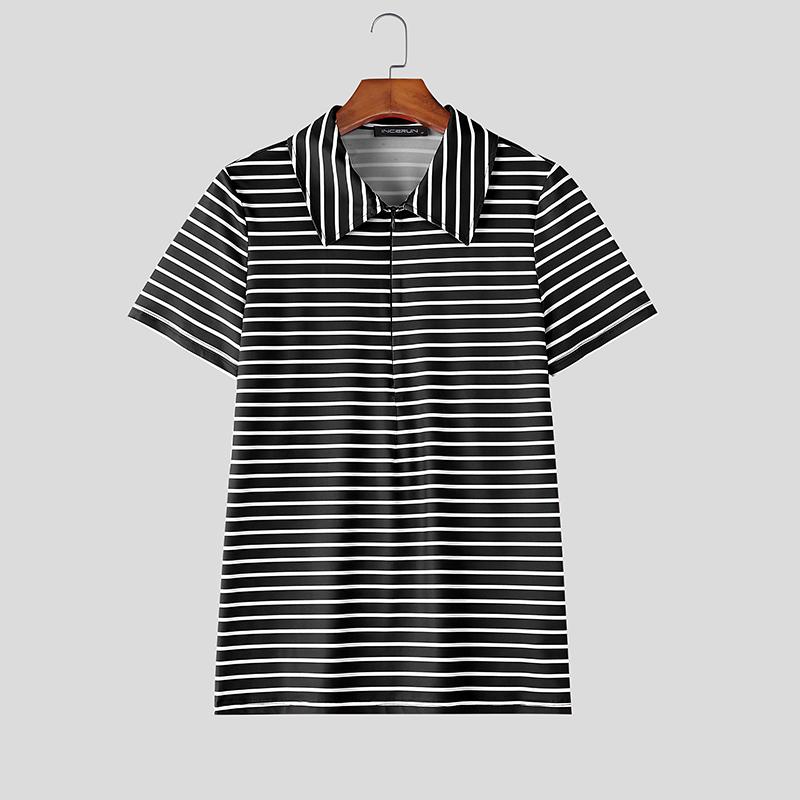 INCERUN Summer Men Lapel Neck Short Sleeve Striped Zip-up Casual T-shirts Tops L чёрный