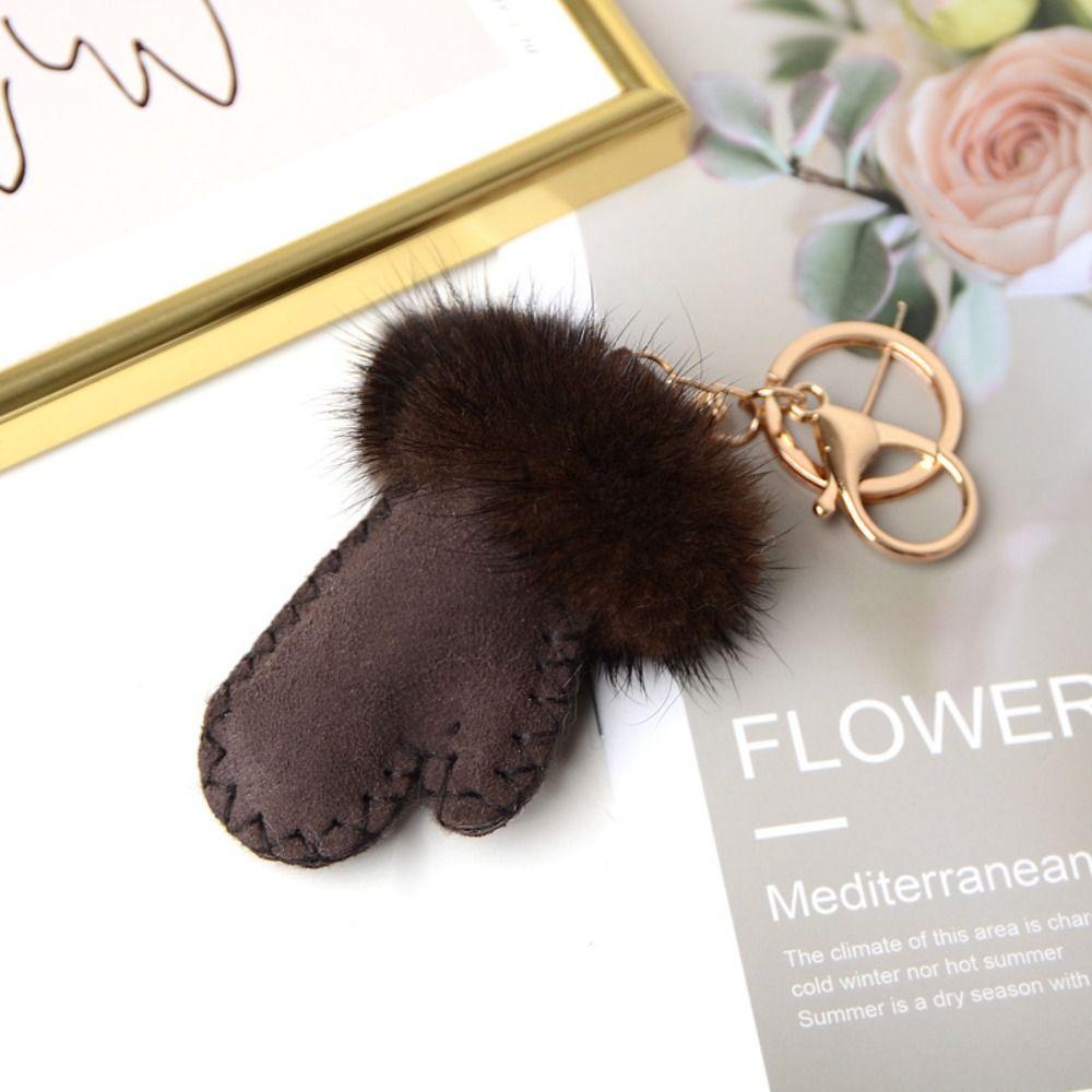 Fluffy Mink Hair Pendant Leather Car Keyring Fashion Little Glove Keychain  Bag Decoration