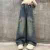 Girls' Pants Spring and Autumn Retro Jean Denim Work Pants Girls' Straight Leg Pants Wide Leg Pants