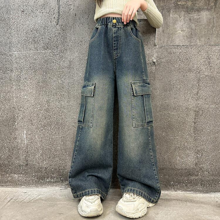 Girls' Pants Spring and Autumn Retro Jean Denim Work Pants Girls' Straight Leg Pants Wide Leg Pants