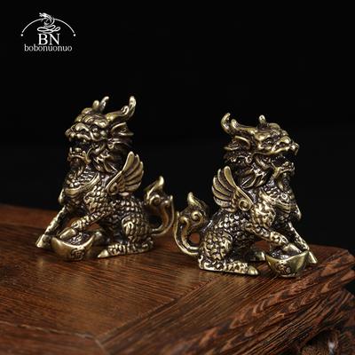 Antiek Brons Chinees Mythisch Dier Qi Lin Beeld 1 paar Koperen Dier Ornamenten Geluk Home Feng Shui Woonkamer Decoraties