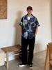 2025SS Fashion Summer Clothes Streetwear Japanese Print Casual Open Collar Rag Pattern Short Sleeve Shirt [CHANGE WELL] Men's (BLUE, XL)