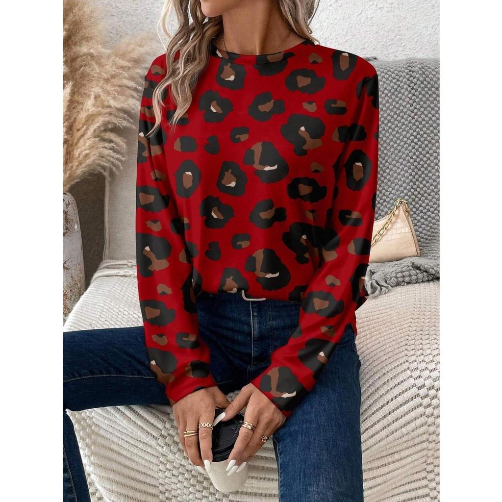 Round Neck 3D Printed Leopard Print Pattern Top Fashionable Casual Long Sleeved Women's Sweatshirts
