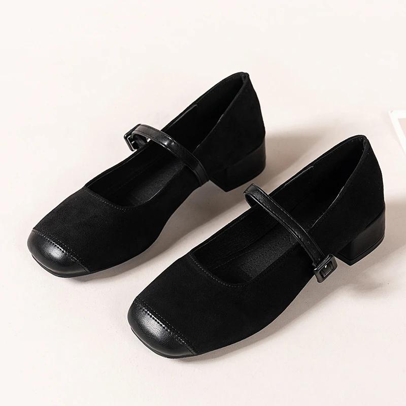 New fairy style square toe versatile Mary Jane shoes for women with thick heels and a single button with suede sole